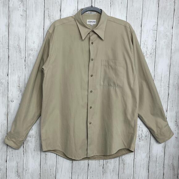 Vintage Alfani Tan Long Sleeve Collared Button Up Dress Work Business Shirt Med - Picture 1 of 7